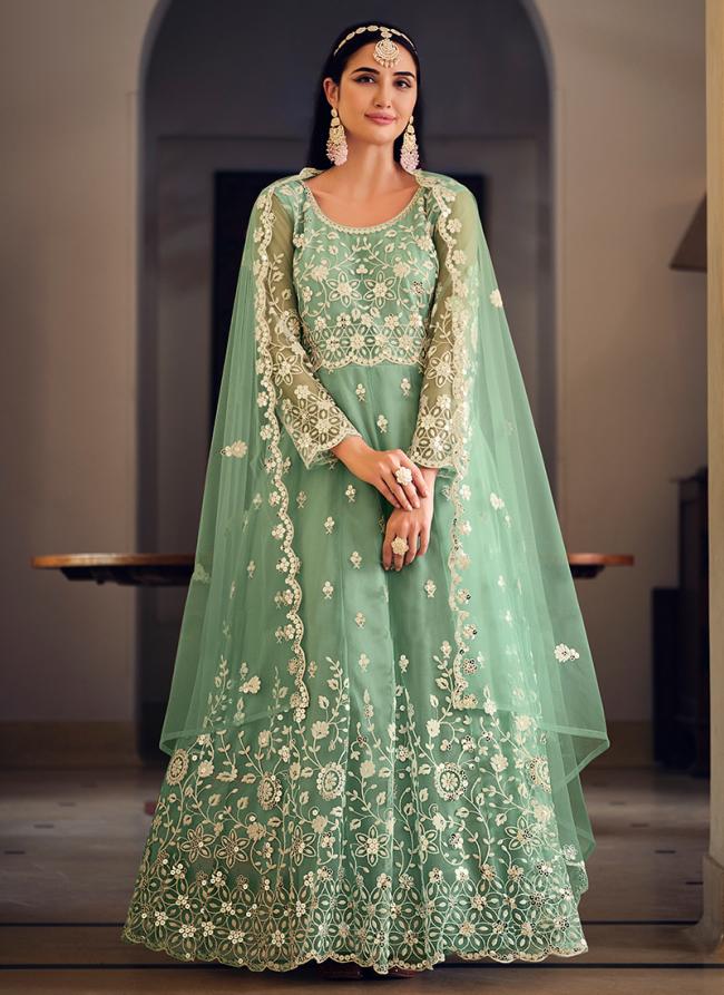 Butterfly Net Teal Green Wedding Wear Embroidery Work Anarkali Suit