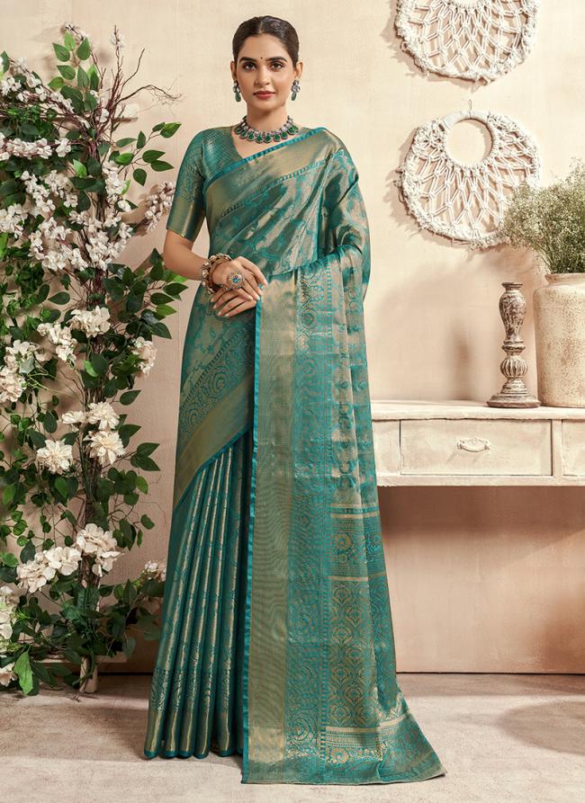 Dharmavaram Silk Teal Sky Blue Festival Wear Weaving Saree