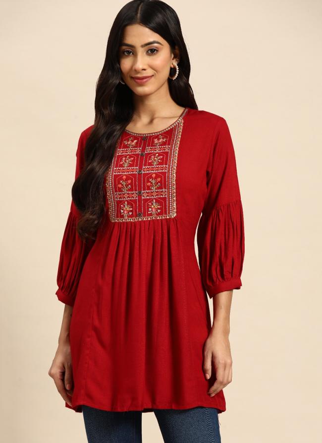 Rayon Red Festival Wear Embroidery Work Readymade Kurti