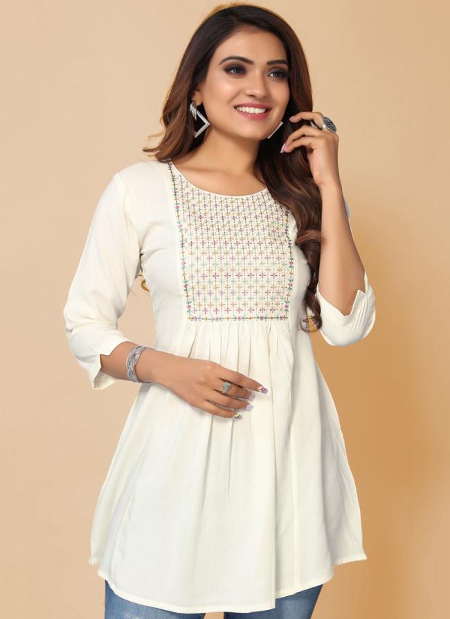 Rayon White Festival Wear Embroidery Work Readymade Kurti