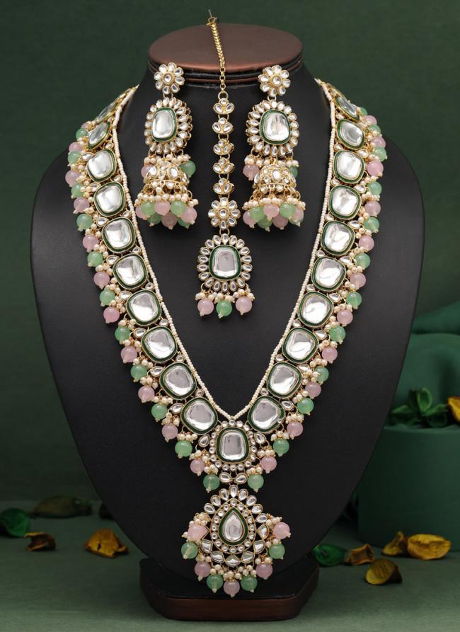   Wedding Wear  Pink Green Long Kundan Necklace Set