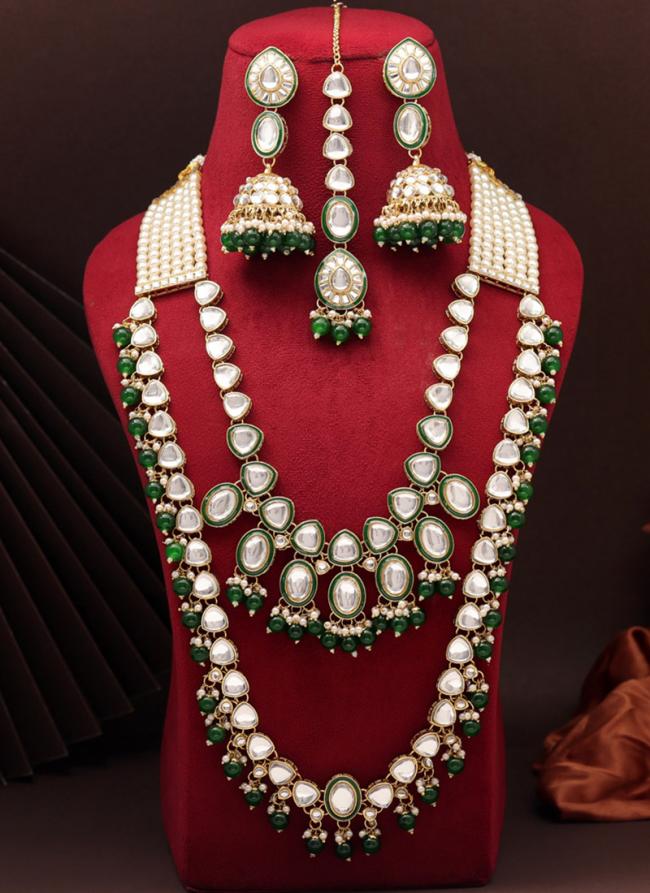   Party Wear  Green Pearl Design Long Kundan Necklace Set