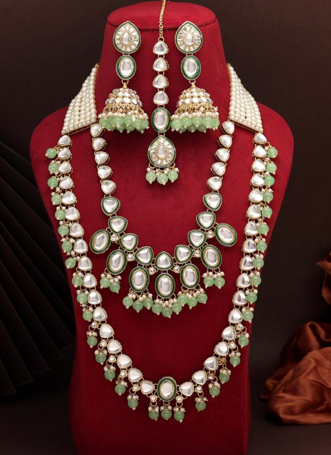   Party Wear  Green Pearl Design Long Kundan Necklace Set