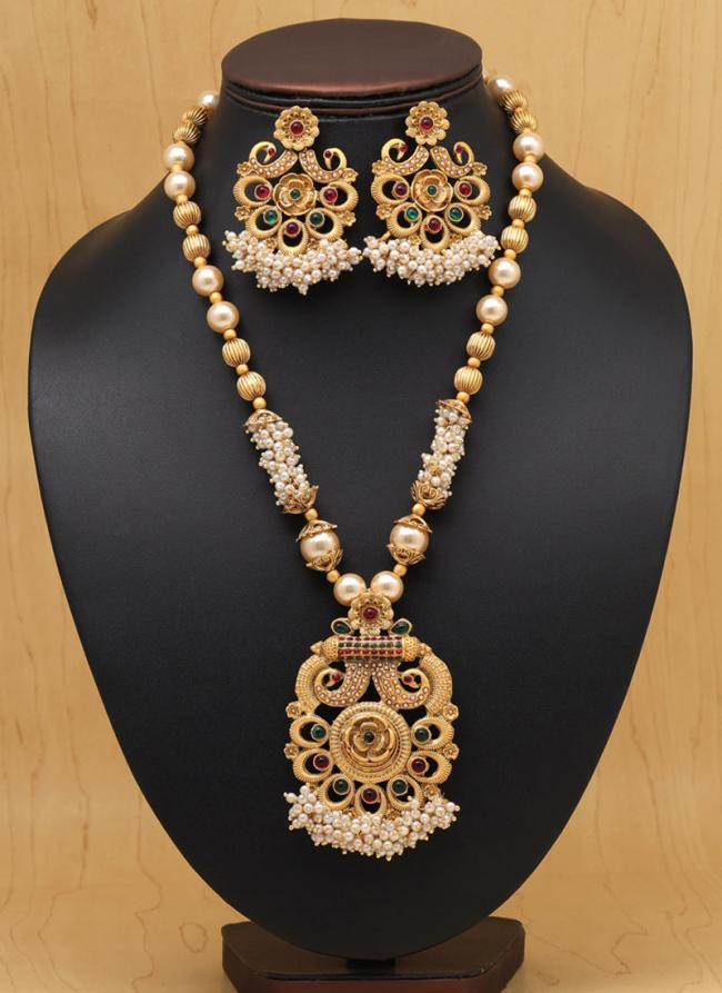   Bridal Wear  Rani Green Matte Gold Temple Necklace Set