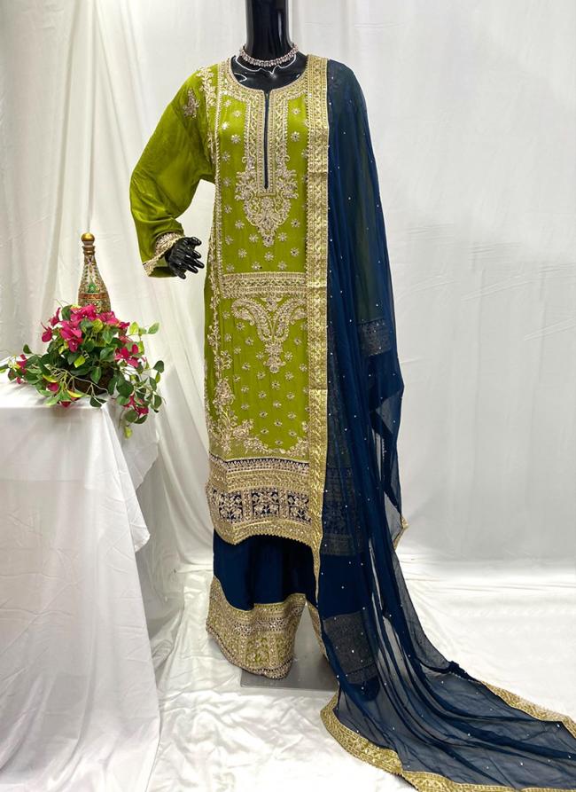 Chiffon Green Party Wear Hand Work Readymade Plazzo Suit