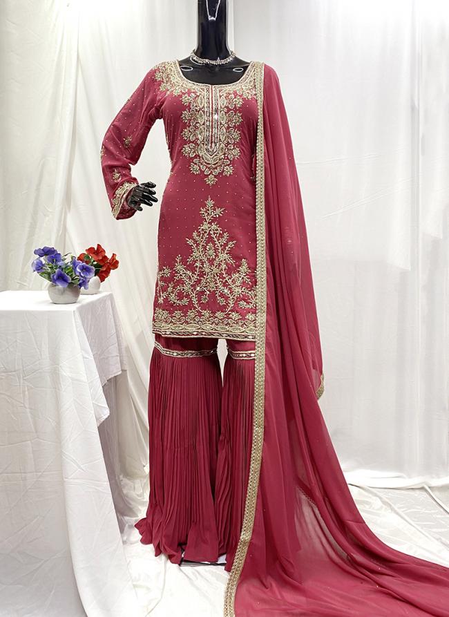 Georgette Rose Pink Wedding Wear Hand Work Readymade Sharara Suit