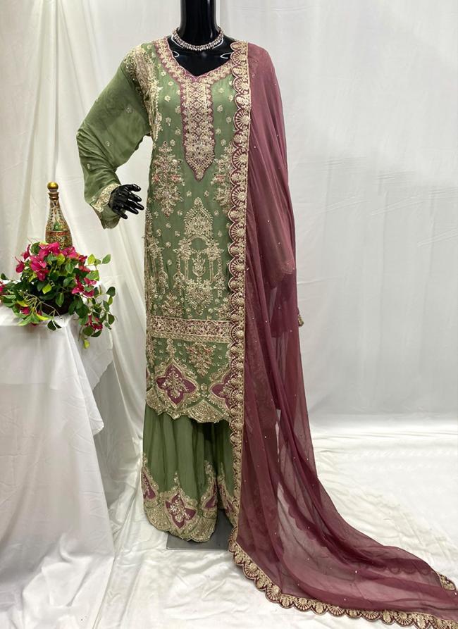 Chiffon Green Party Wear Hand Work Readymade Plazzo Suit