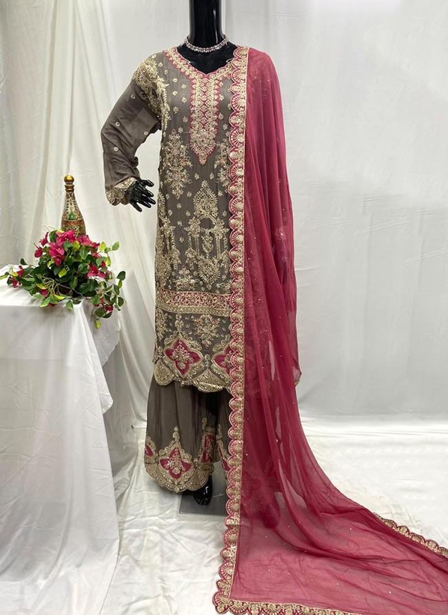 Chiffon Grey Party Wear Hand Work Readymade Plazzo Suit