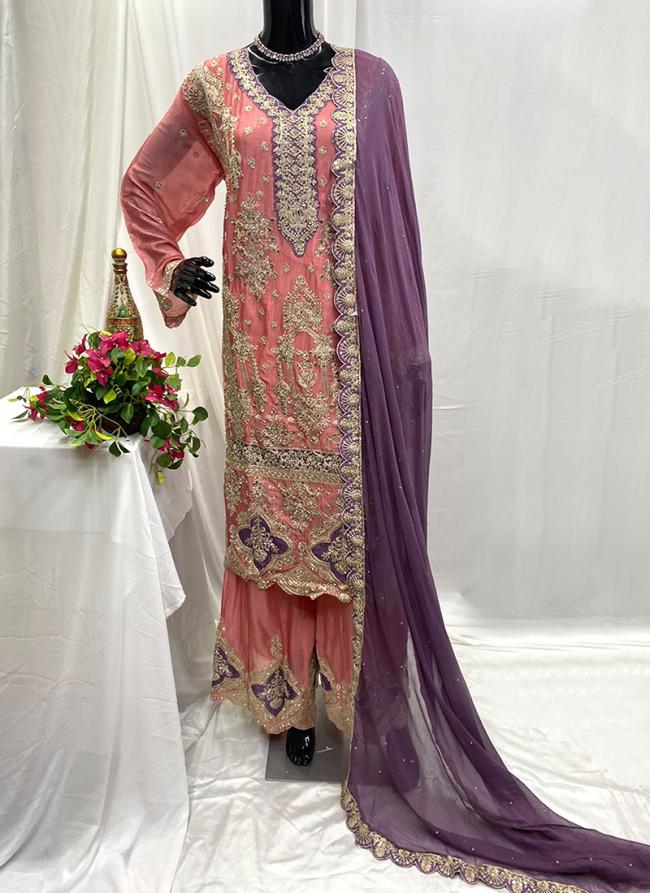 Chiffon Pink Party Wear Hand Work Readymade Plazzo Suit