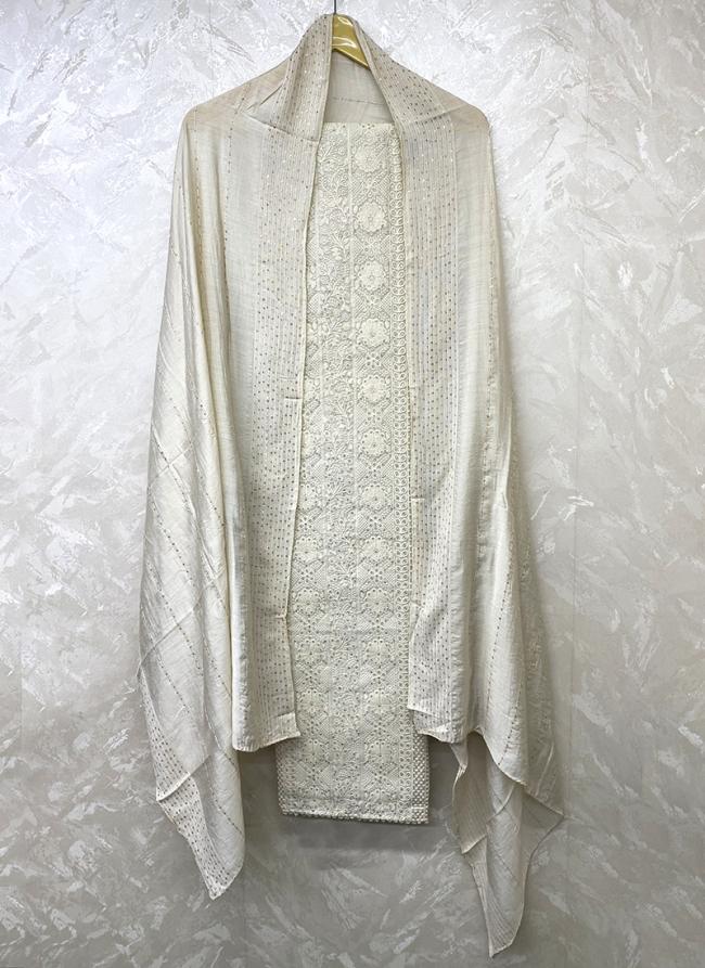Chanderi Silk Off White Traditional Wear Chikankari Punjabi Dress Materials