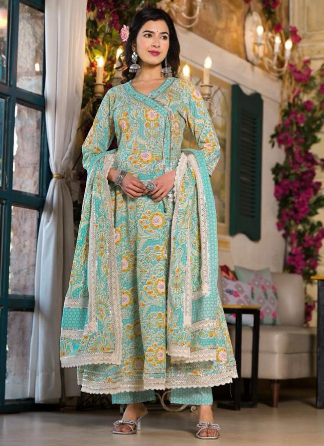 Cotton Angrakha Blue Casual Wear Digital Printed Readymade Salwar Suit