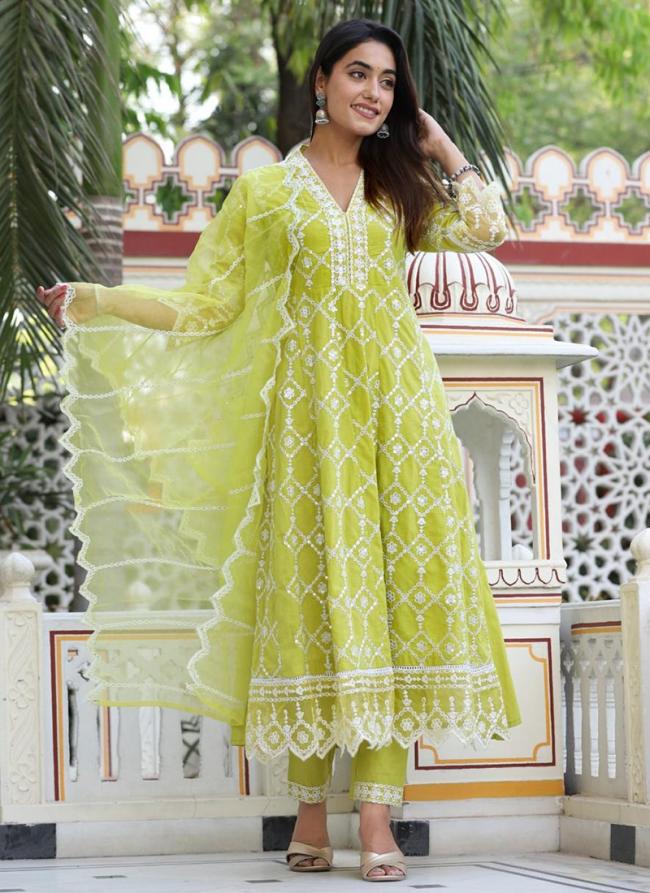 Cotton Lemon Green Party Wear Thread Work Readymade Salwar Suit