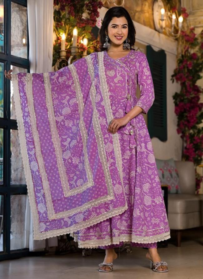 Cotton Angrakha Purple Casual Wear Digital Printed Readymade Salwar Suit