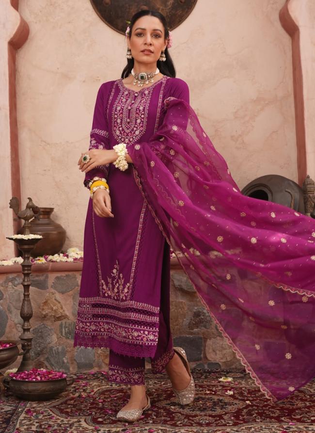 Jacquard Purple Party Wear Emboidery Work Readymade Salwar Suit