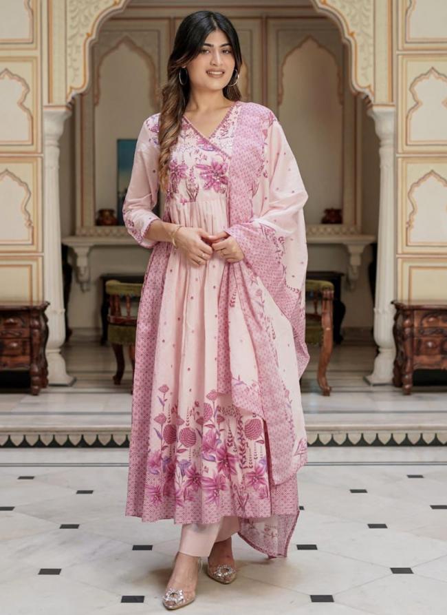 Cotton Baby Pink Party Wear Hand Work Readymade Anarkali Suit