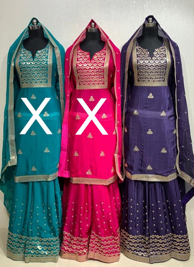 Uppda Silk Purple Party Wear Zari Work Readymade Sharara Suit