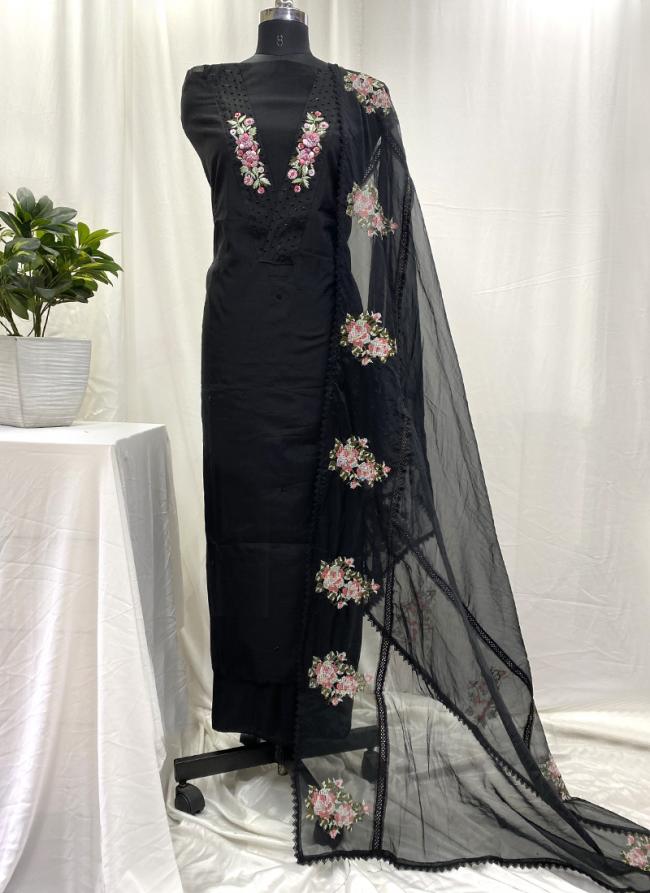 Chanderi Black Traditional Wear Embroidery Work Salwaar Suit