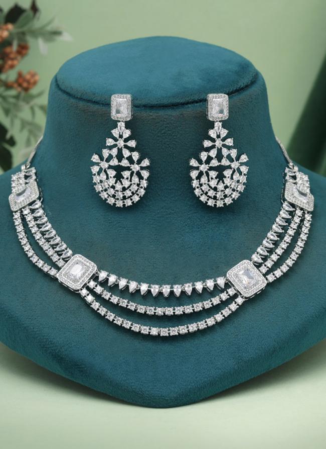   Wedding Wear  Silver Color American Daimond Necklace Set