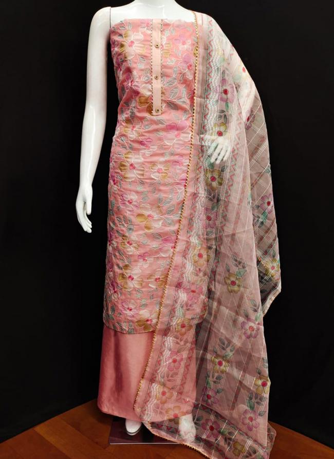 Organza Silk Pink Casual Wear Printed Dress Material