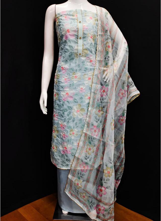 Organza Silk Sky Blue Casual Wear Printed Dress Material