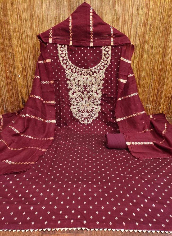 Modal Chanderi Maroon Festival Wear Embroidery Work Dress Material