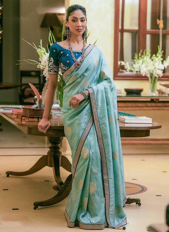 Pure Dola Silk Sky Blue Traditional Wear Embroidery Work Saree