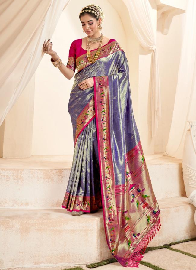 Paithani Tissue Silk Blue Festival Wear Zari Work Saree