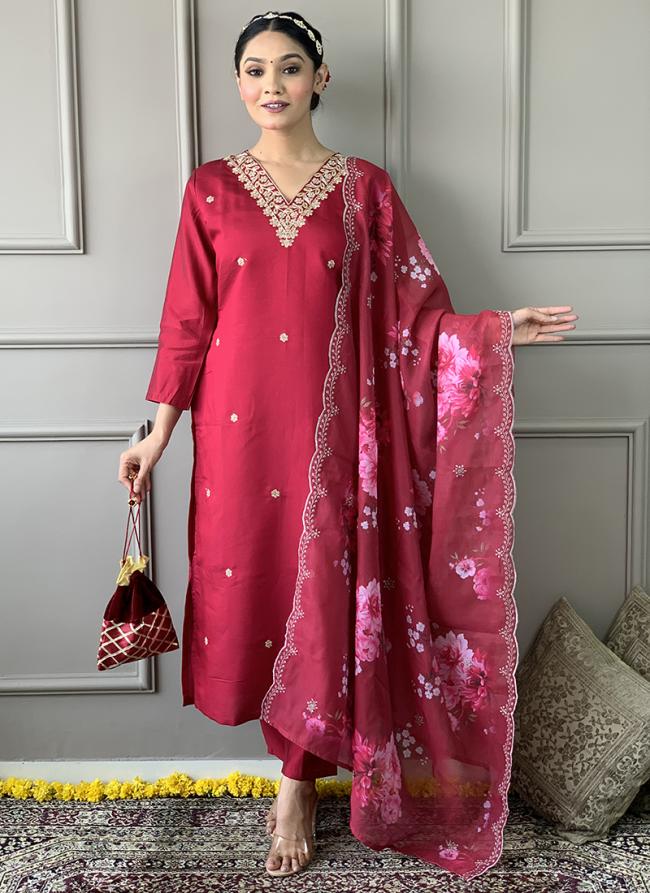 Viscose Chanderi Silk Hot Pink Festival Wear Embroidery Work Readymade Straight Suit