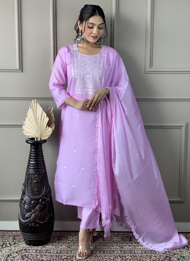 Viscose Chanderi Silk Lavender Festival Wear Embroidery Work Readymade Straight Suit