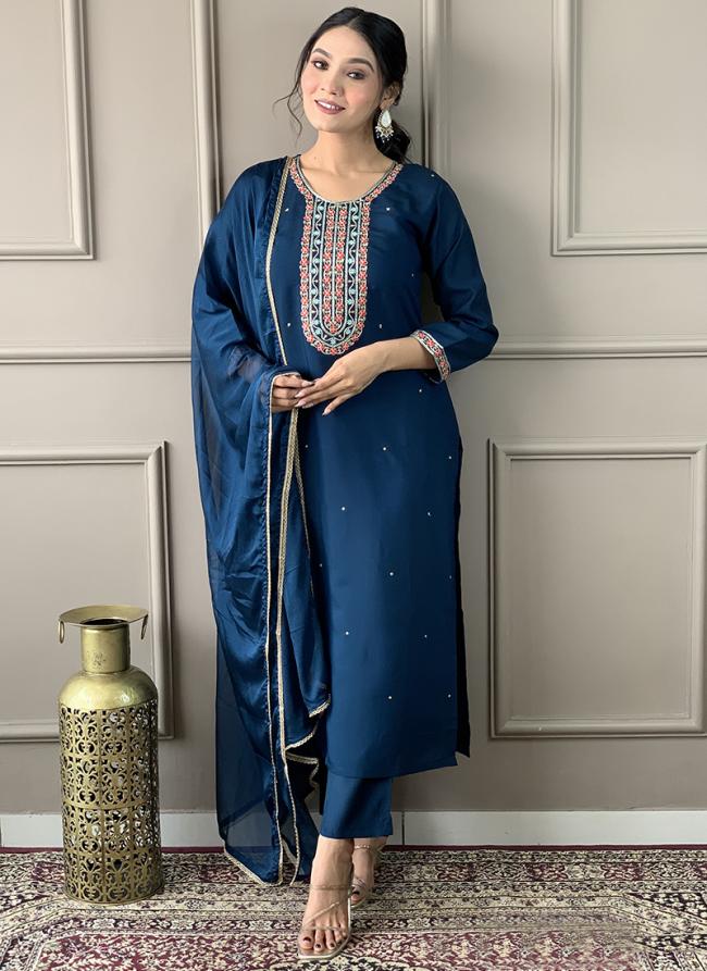 Viscose Chanderi Silk Morpeach Festival Wear Embroidery Work Readymade Straight Suit