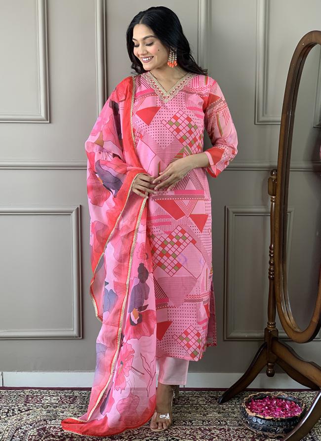 Viscose Chanderi Silk Pink Festival Wear Embroidery Work Readymade Straight Suit