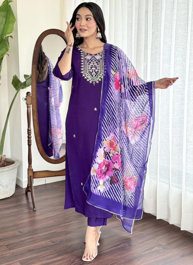 Viscose Chanderi Silk Purple Festival Wear Embroidery Work Readymade Straight Suit