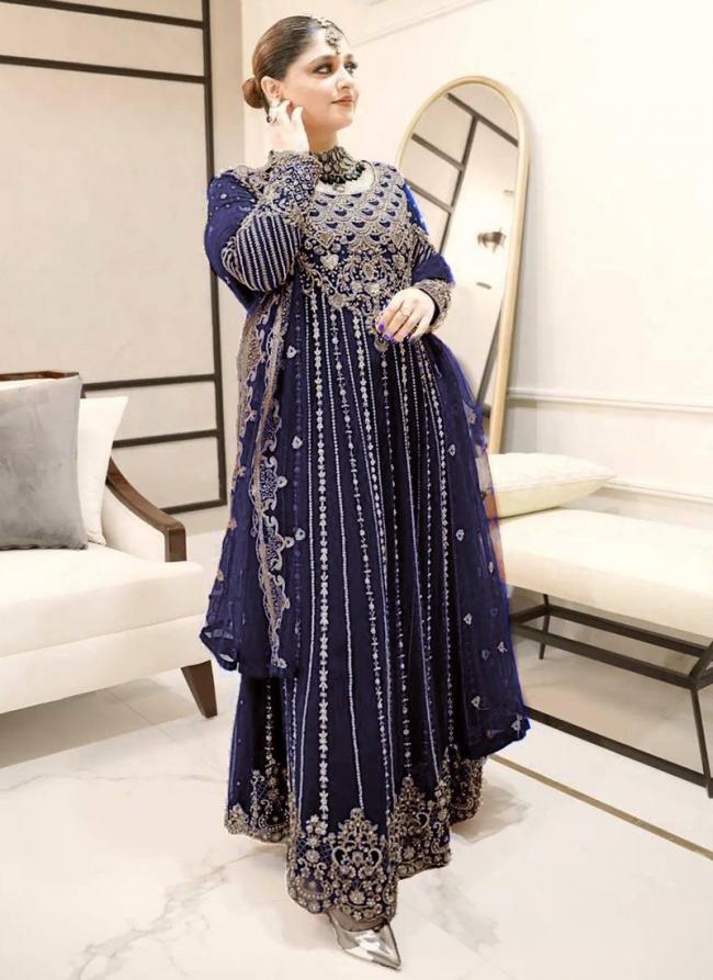 Georgette Blue Wedding Wear Embroidery Work Readymade Gown With Dupatta