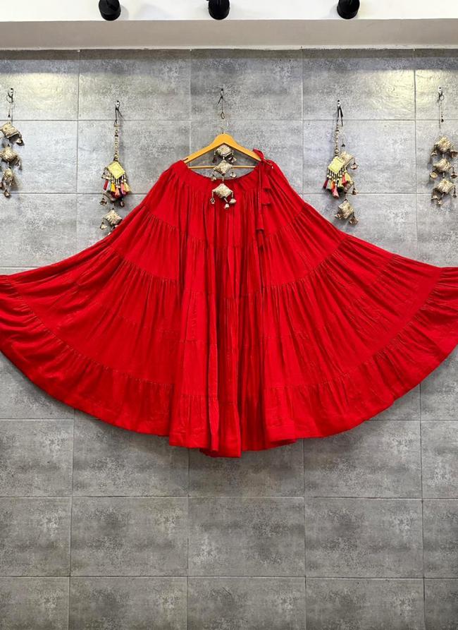 Rayon Red Navratri Wear Frill Readymade Lehenga