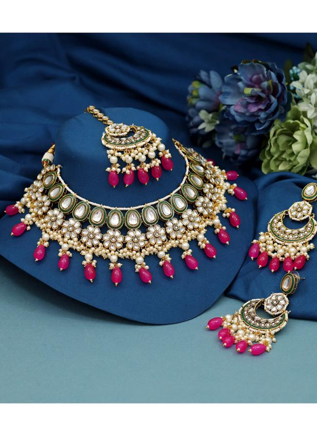   Wedding Wear  Dark Pink Color Meena Work Kundan Necklace Set