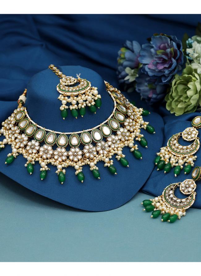   Wedding Wear  Green Color Meena Work Kundan Necklace Set