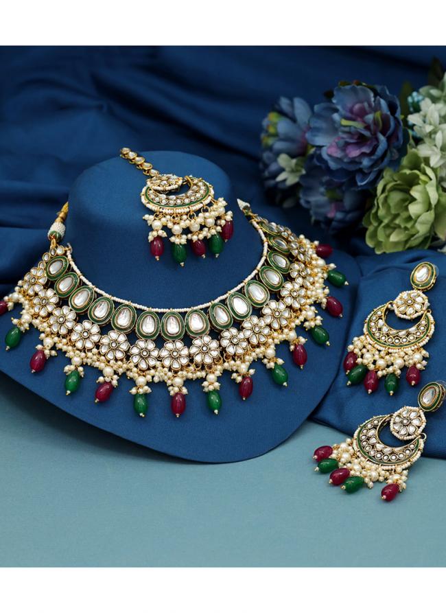   Wedding Wear  Maroon Green Color Meena Work Kundan Necklace Set