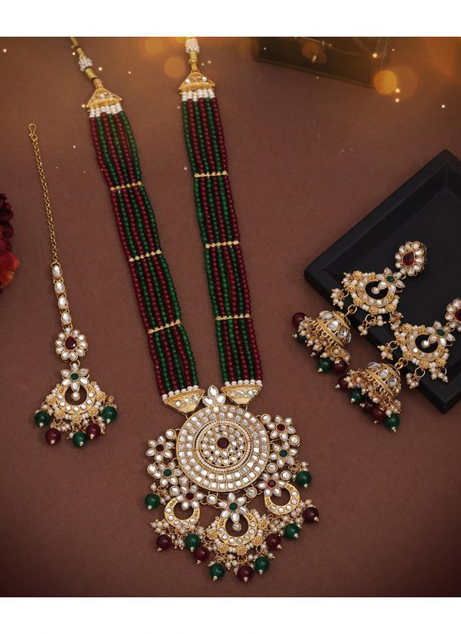   Wedding Wear  Maroon Green Color Long Kundan Necklace Set