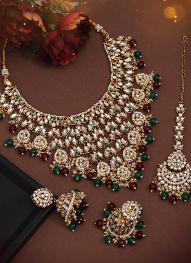   Bridal Wear  Maroon Green Color Kundan Necklace Set