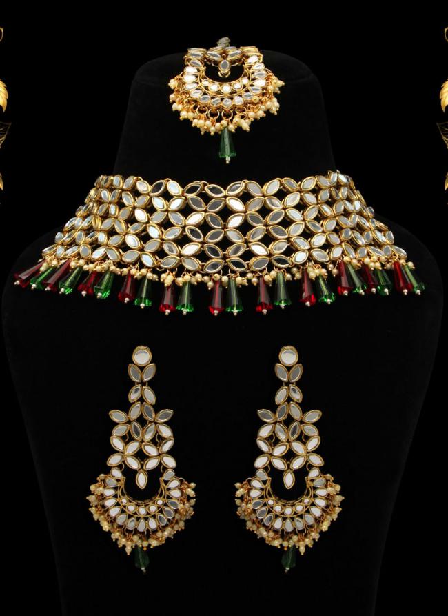   Bridal Wear  Maroon Green Color Kundan Mirror Necklaces Set