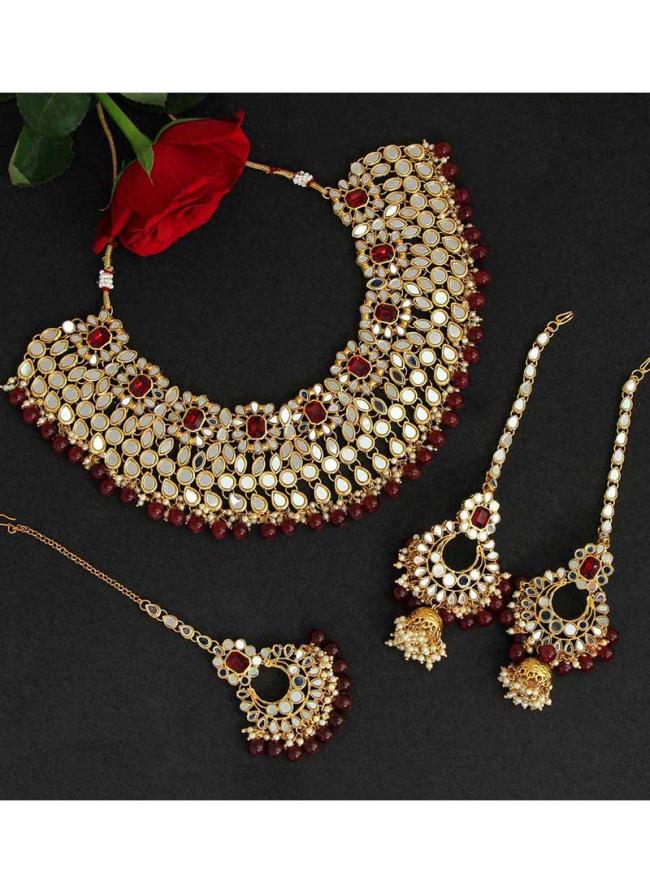   Bridal Wear  Maroon Color Kundan Mirror Necklaces Set