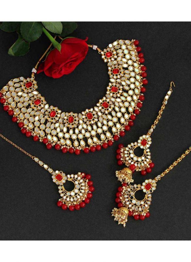   Bridal Wear  Red Color Kundan Mirror Necklaces Set