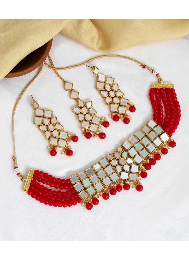   Bridal Wear  Red Color Kundan Mirror Necklaces Set