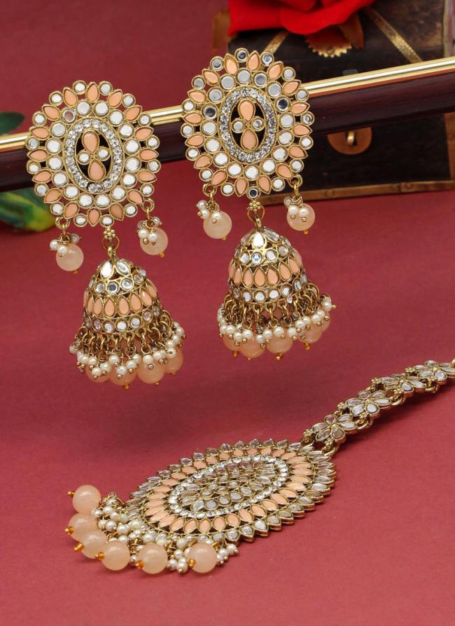   Wedding Wear  Peach Color Mirror Kundan Earrings With Maang Tikka