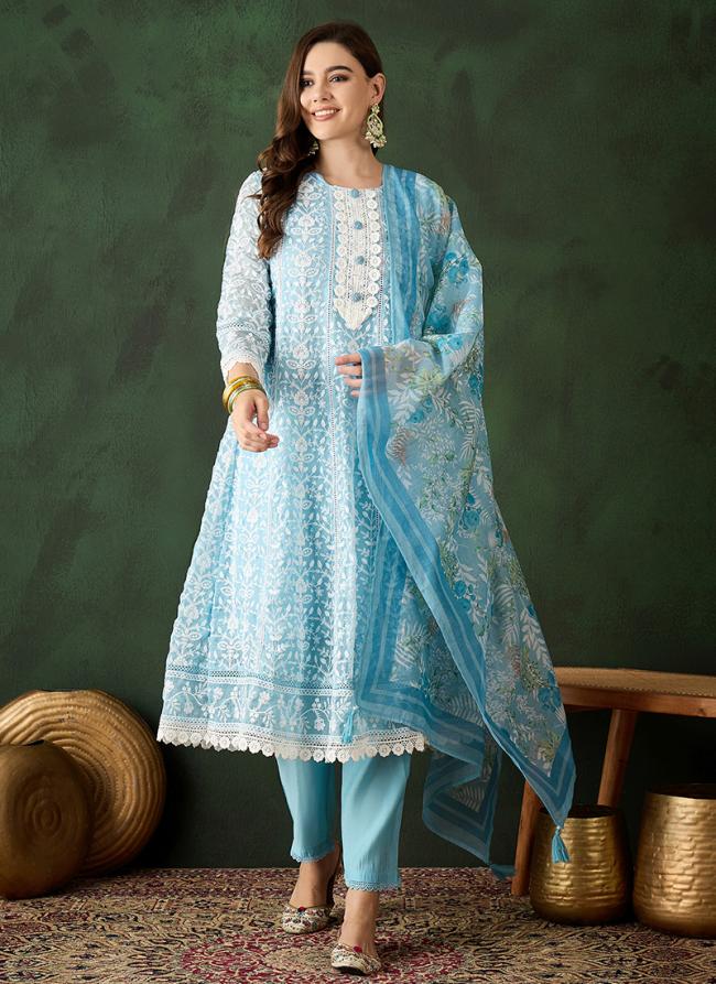 Organza Blue Traditional Wear Printed Readymade Printed Suit