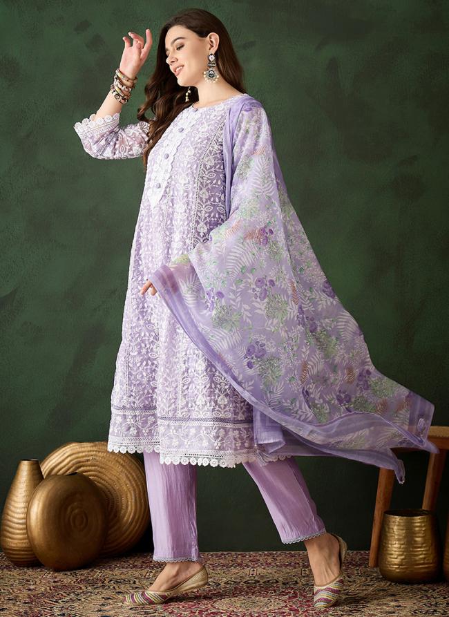 Organza Lavender Traditional Wear Printed Readymade Printed Suit