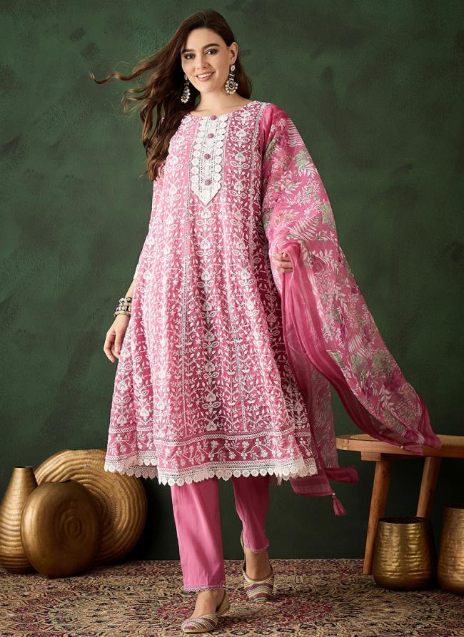 Organza Pink Traditional Wear Printed Readymade Printed Suit