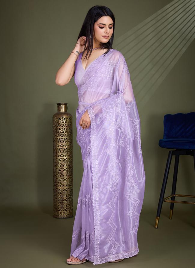 Shimmer Net Lavender Party Wear Thread Work Saree