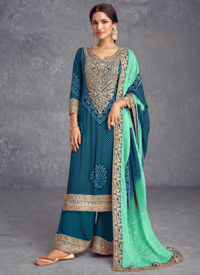 Chinnon Silk Aqua Blue Traditional Wear Sequins Work Readymade Plazzo Suit