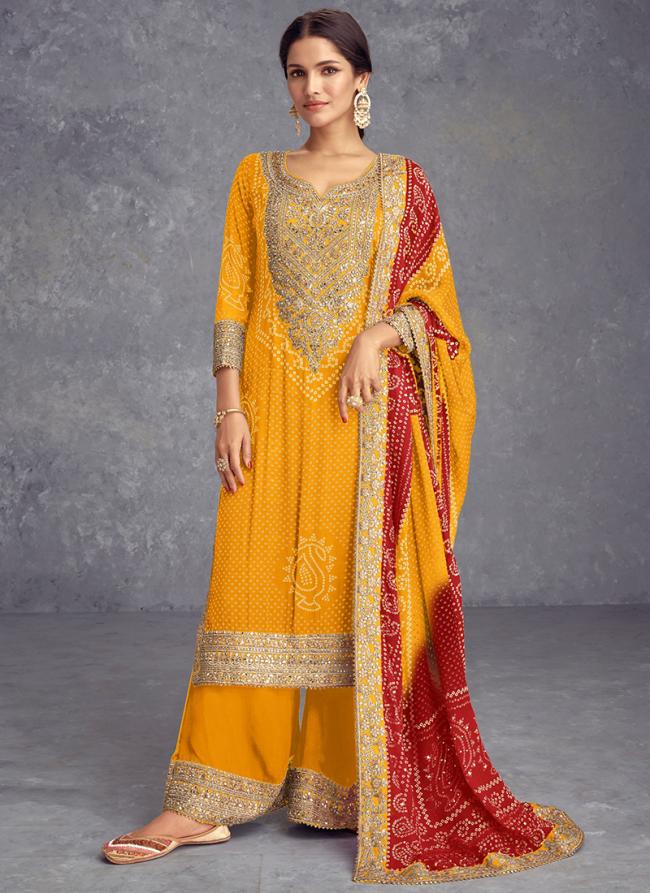 Chinnon Silk Mustard Traditional Wear Sequins Work Readymade Plazzo Suit